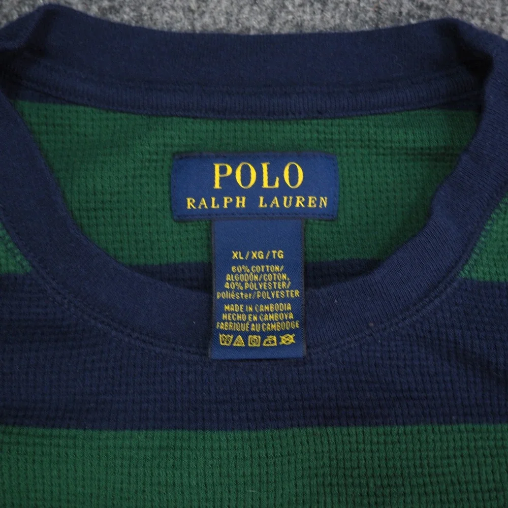 Polo Ralph Lauren Waffle Knit Men XL Green Blue Striped Thermal Crewneck Sweater